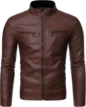 DGHM-JLMY Men's Motorcycle Leather Jacket With Double Zippers Classic Biker PU Jacket Vintage Stand Collar Rider Jacket Coat