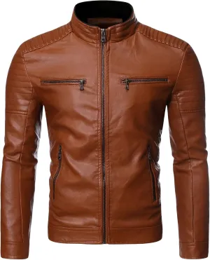 DGHM-JLMY Men's Motorcycle Leather Jacket With Double Zippers Classic Biker PU Jacket Vintage Stand Collar Rider Jacket Coat