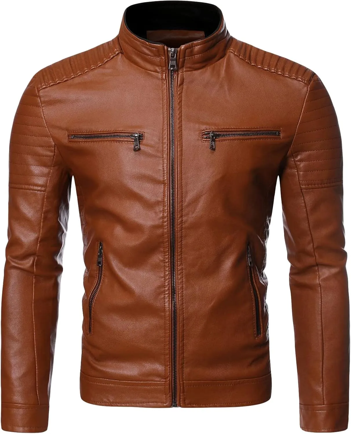 DGHM-JLMY Men's Motorcycle Leather Jacket With Double Zippers Classic Biker PU Jacket Vintage Stand Collar Rider Jacket Coat