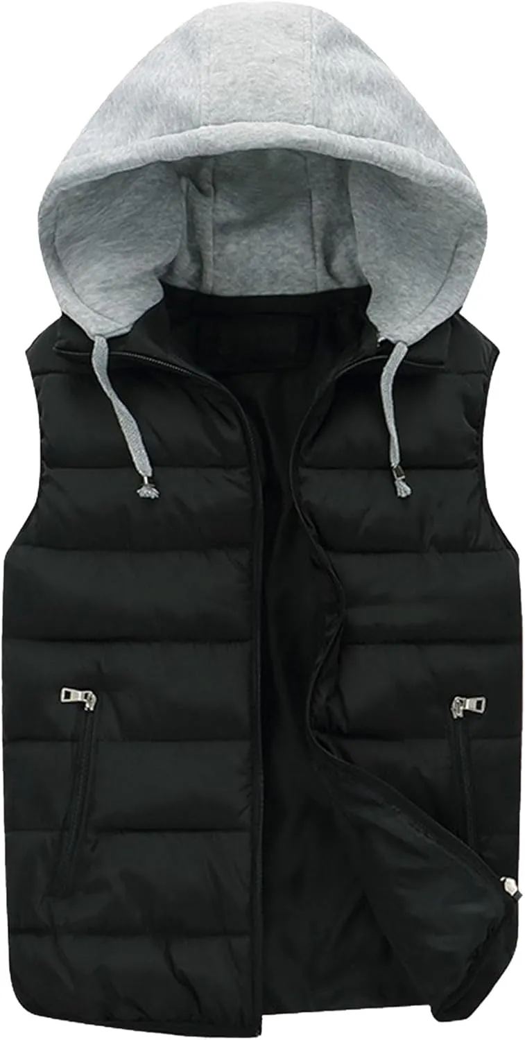 DGHM-JLMY Men's Sleeveless Lightweight Quilted Puffer Down Winter Hooded Down Cotton Vest Casual Vest Loose Coat with Hood