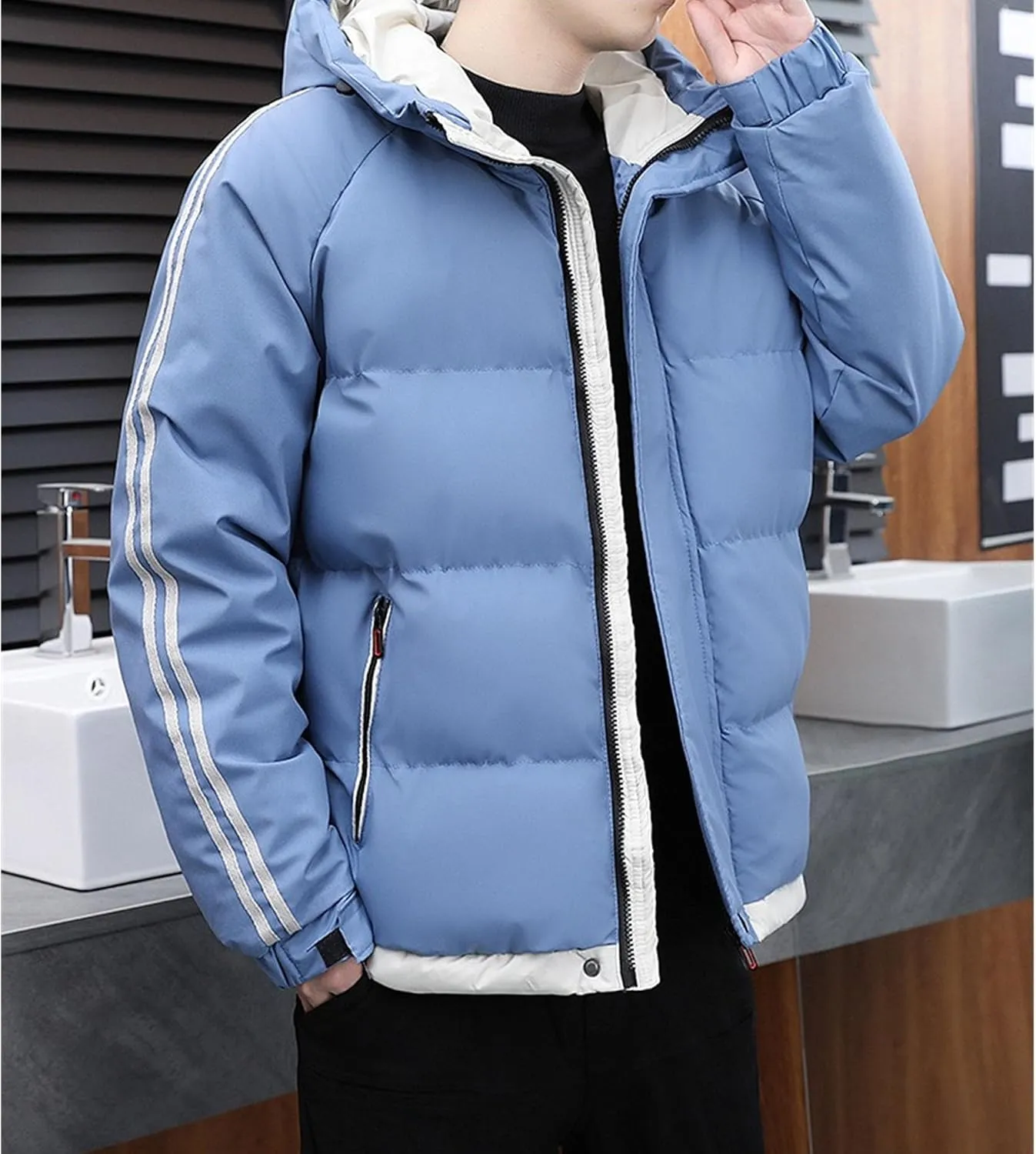 DGHM-JLMY Men's Stand Collar Zipper Winter Cargo Coat Hooded Hiking Thickened Warm Down Jacket Loose Color Block Down Coats
