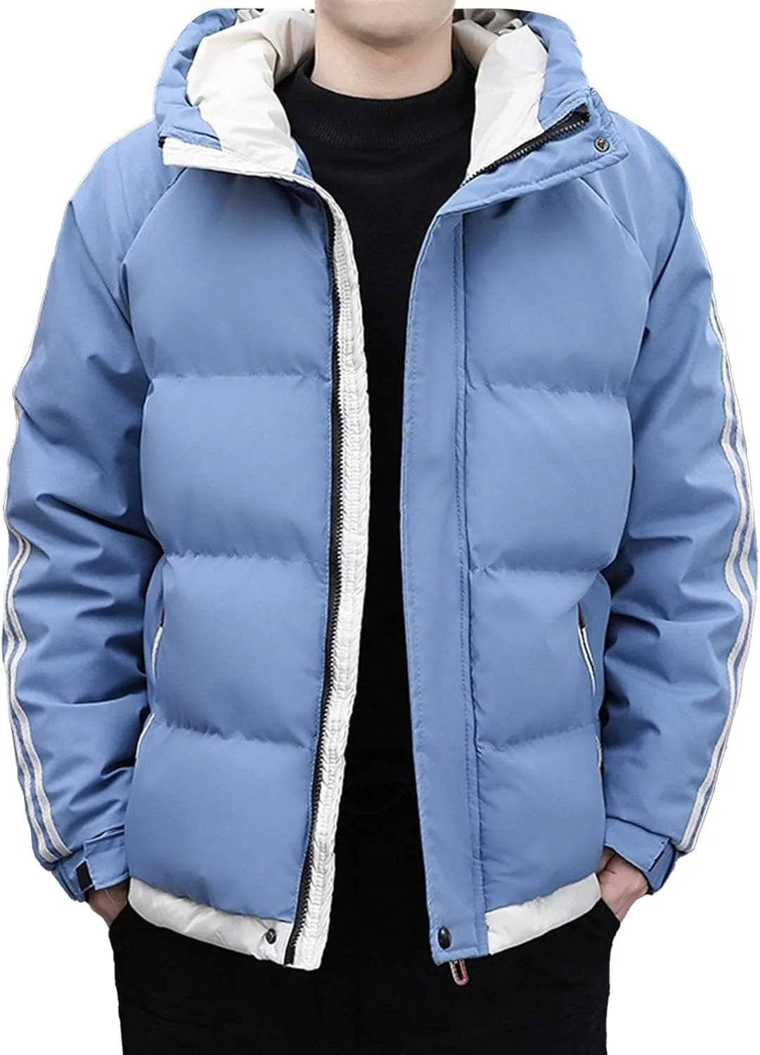 DGHM-JLMY Men's Stand Collar Zipper Winter Cargo Coat Hooded Hiking Thickened Warm Down Jacket Loose Color Block Down Coats