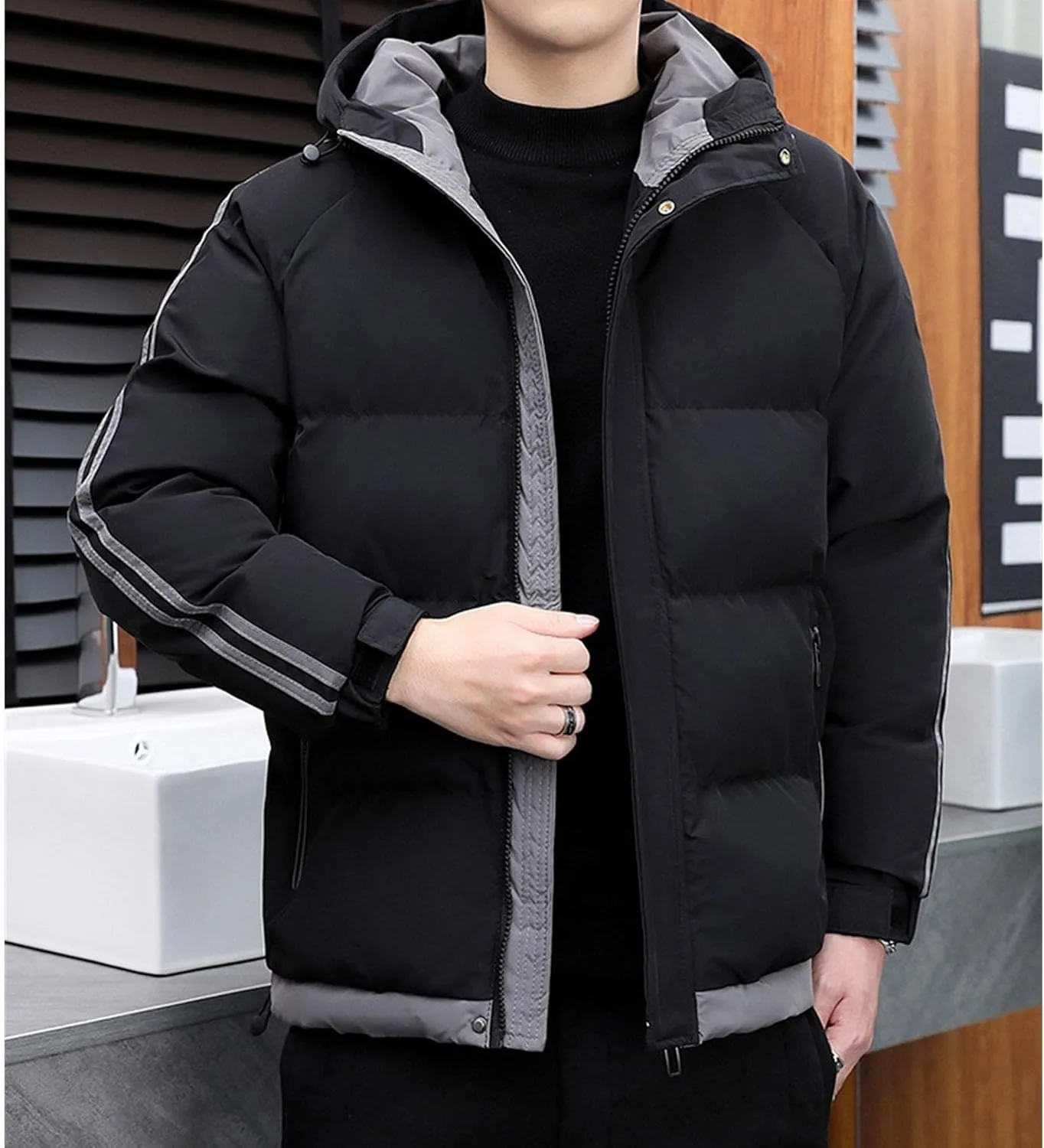 DGHM-JLMY Men's Stand Collar Zipper Winter Cargo Coat Hooded Hiking Thickened Warm Down Jacket Loose Color Block Down Coats