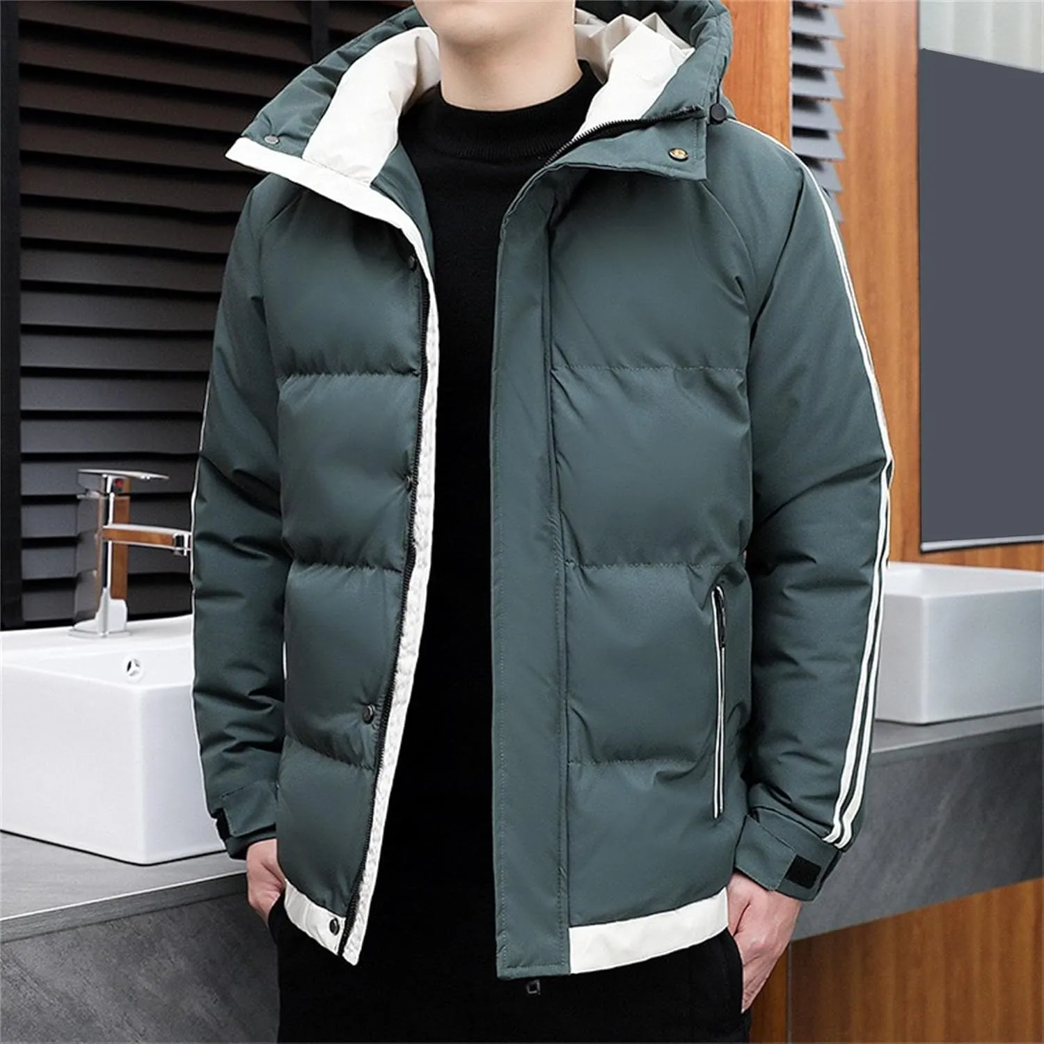 DGHM-JLMY Men's Stand Collar Zipper Winter Cargo Coat Hooded Hiking Thickened Warm Down Jacket Loose Color Block Down Coats