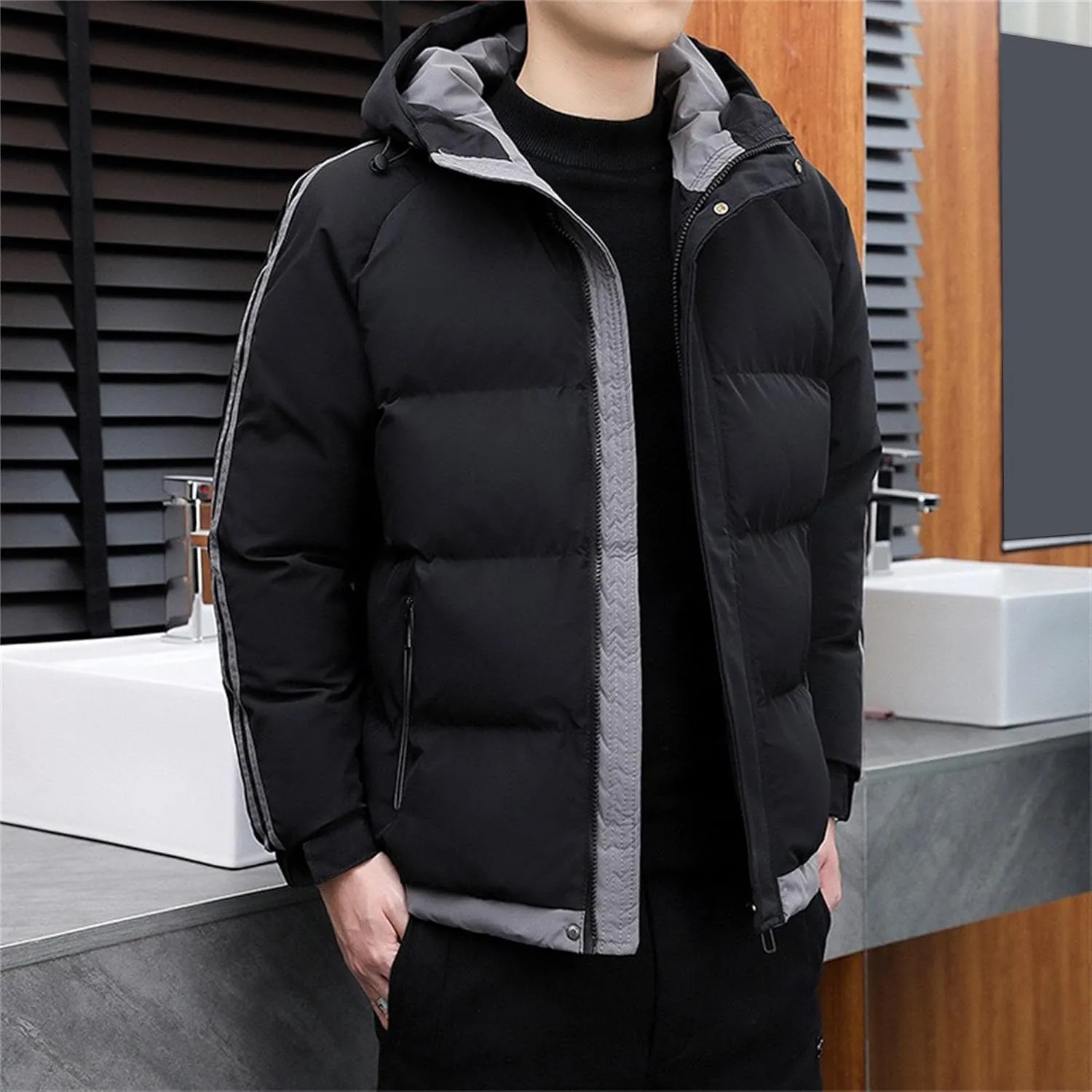DGHM-JLMY Men's Stand Collar Zipper Winter Cargo Coat Hooded Hiking Thickened Warm Down Jacket Loose Color Block Down Coats
