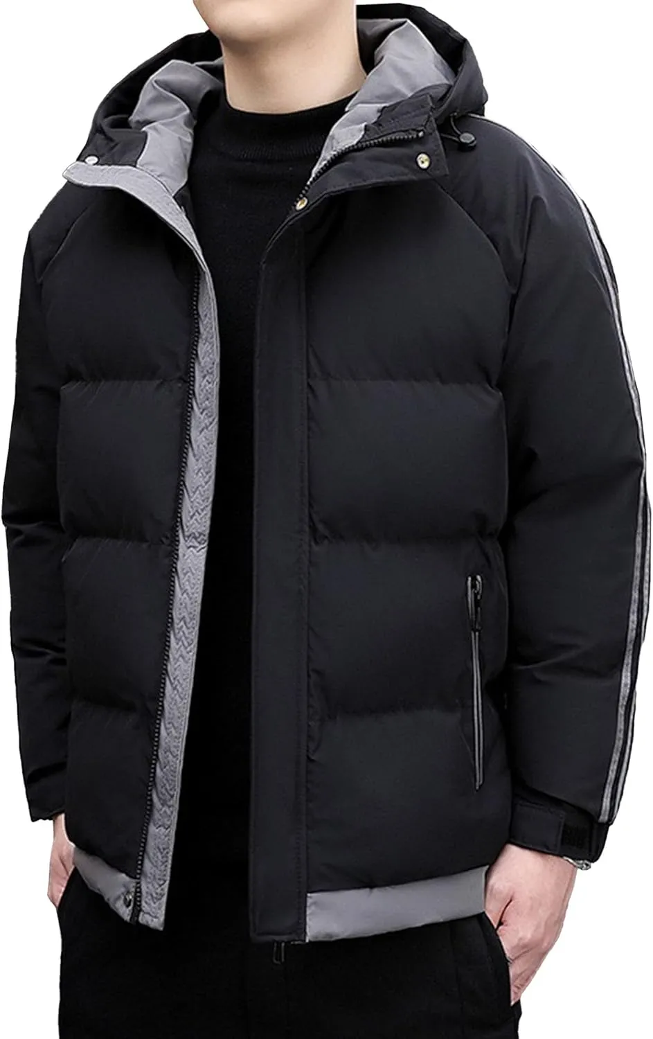 DGHM-JLMY Men's Stand Collar Zipper Winter Cargo Coat Hooded Hiking Thickened Warm Down Jacket Loose Color Block Down Coats