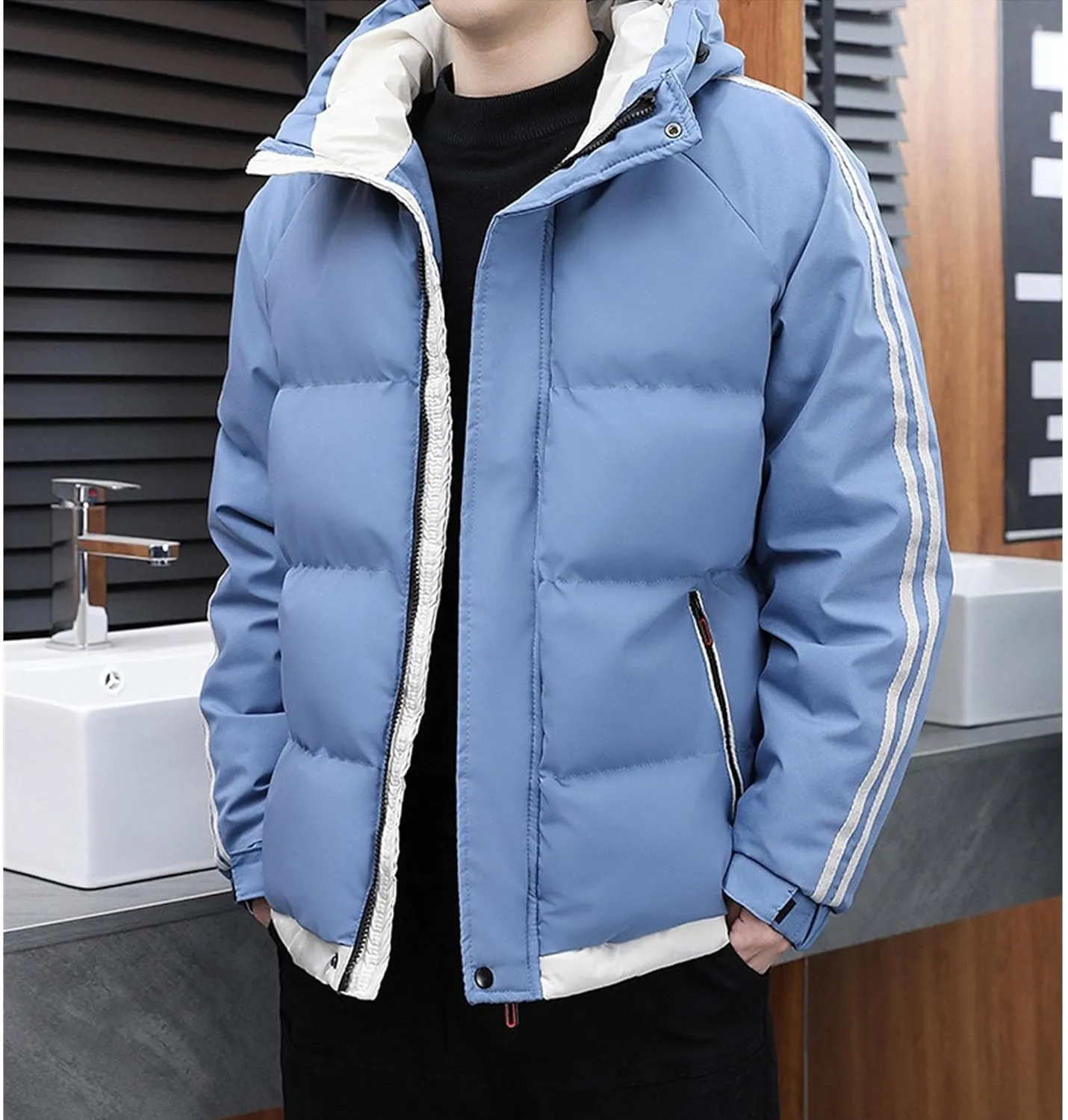 DGHM-JLMY Men's Stand Collar Zipper Winter Cargo Coat Hooded Hiking Thickened Warm Down Jacket Loose Color Block Down Coats