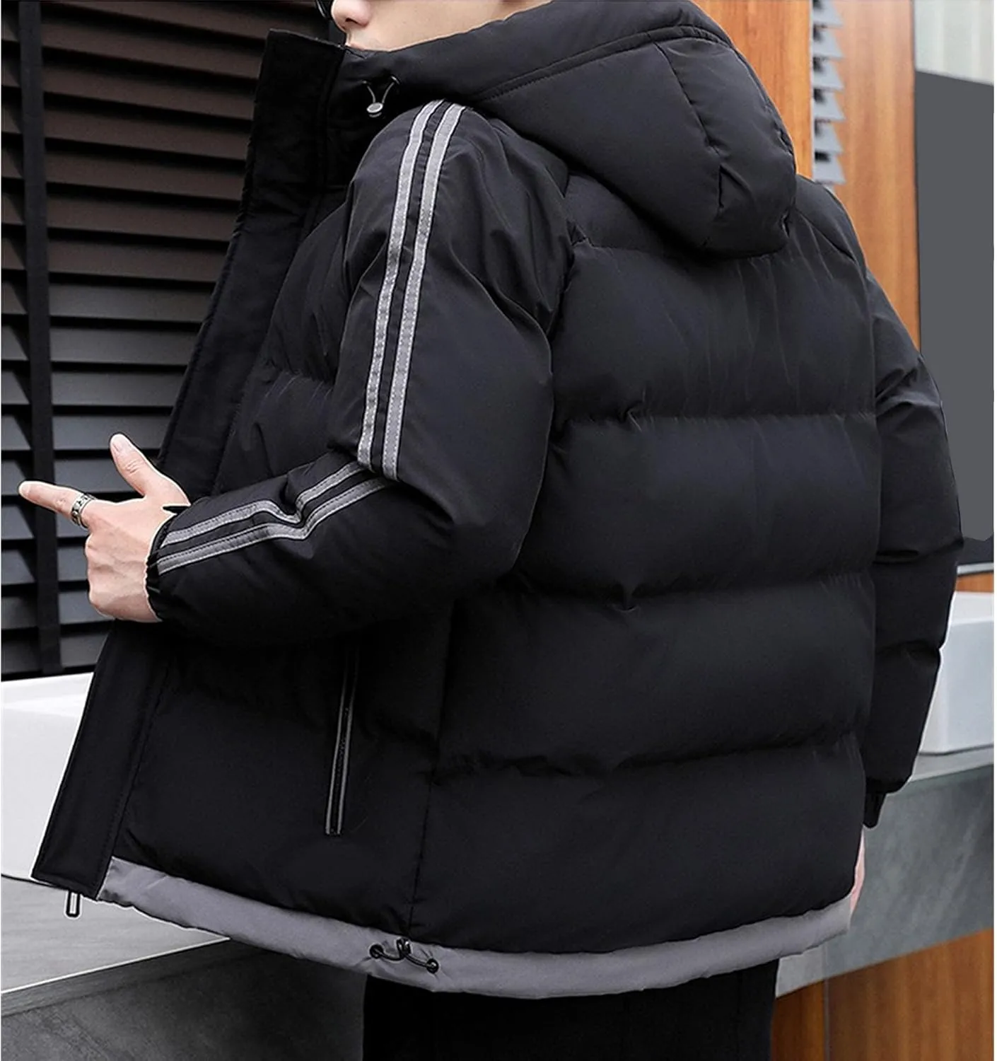 DGHM-JLMY Men's Stand Collar Zipper Winter Cargo Coat Hooded Hiking Thickened Warm Down Jacket Loose Color Block Down Coats
