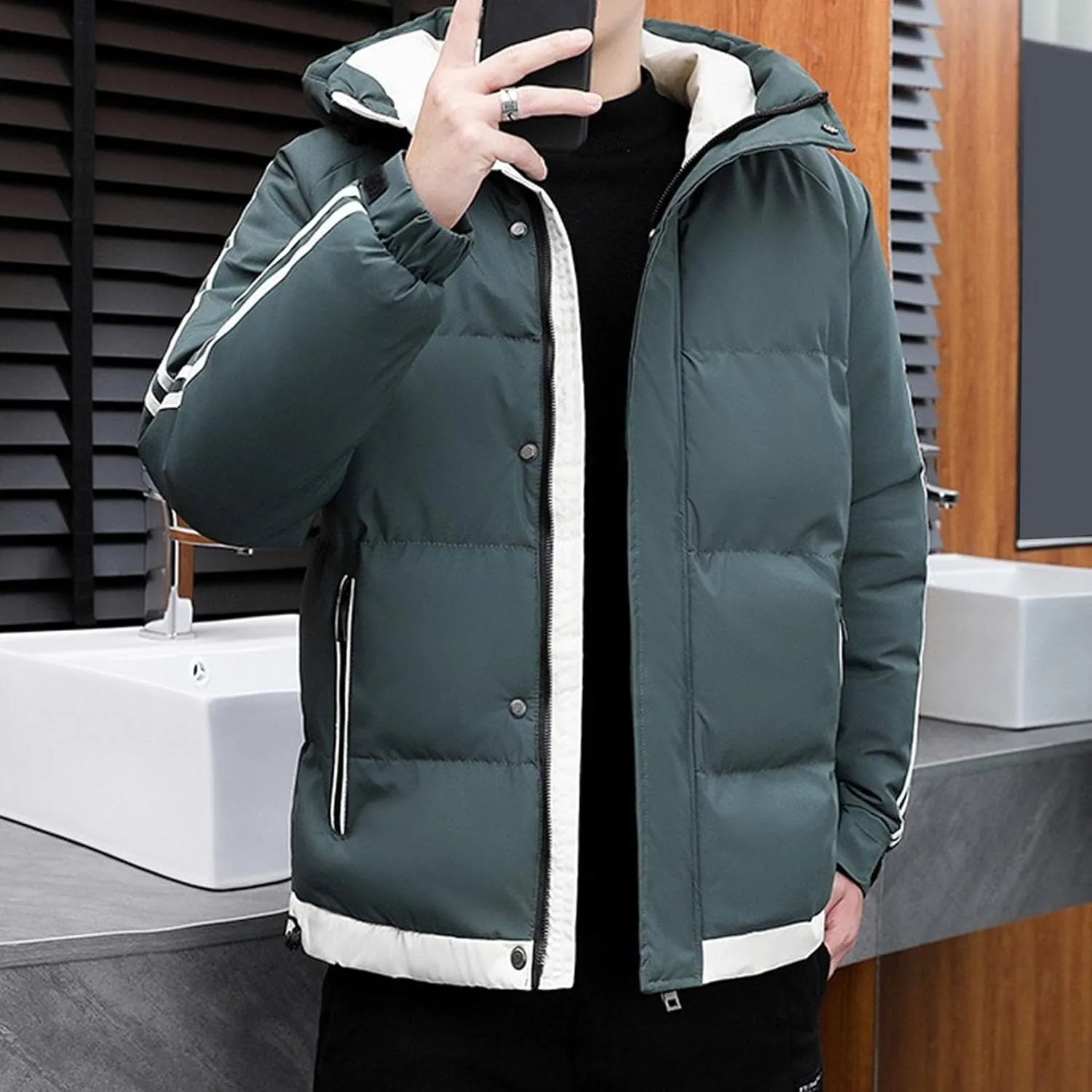 DGHM-JLMY Men's Stand Collar Zipper Winter Cargo Coat Hooded Hiking Thickened Warm Down Jacket Loose Color Block Down Coats