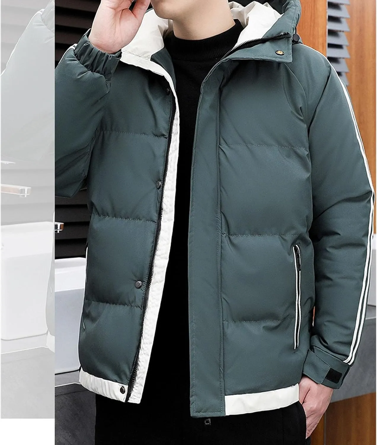 DGHM-JLMY Men's Stand Collar Zipper Winter Cargo Coat Hooded Hiking Thickened Warm Down Jacket Loose Color Block Down Coats