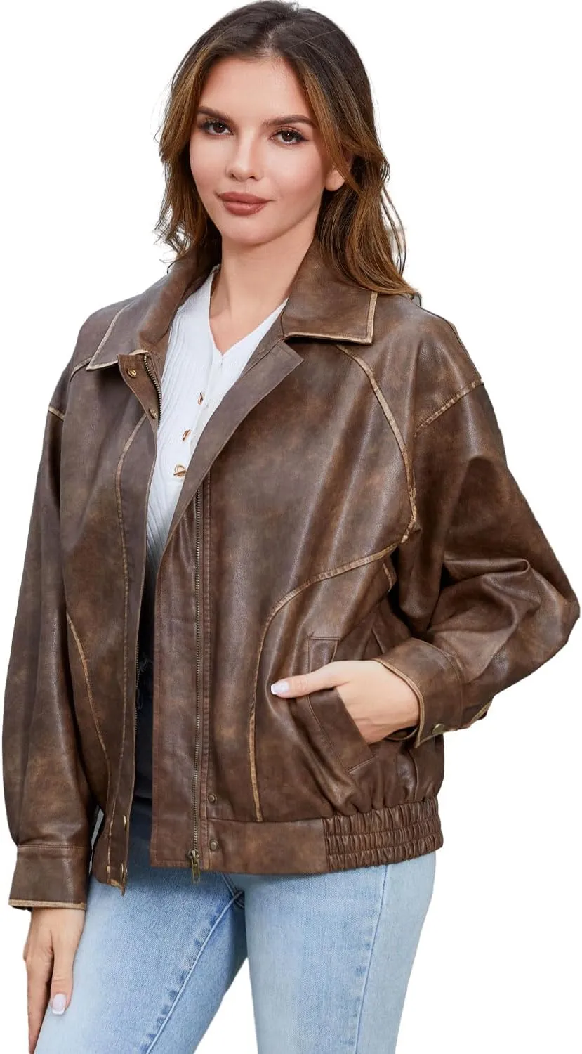 DIASHINY Faux Leather Jacket For Women Moto Biker Zip Up Motorcycle Loose Outwear