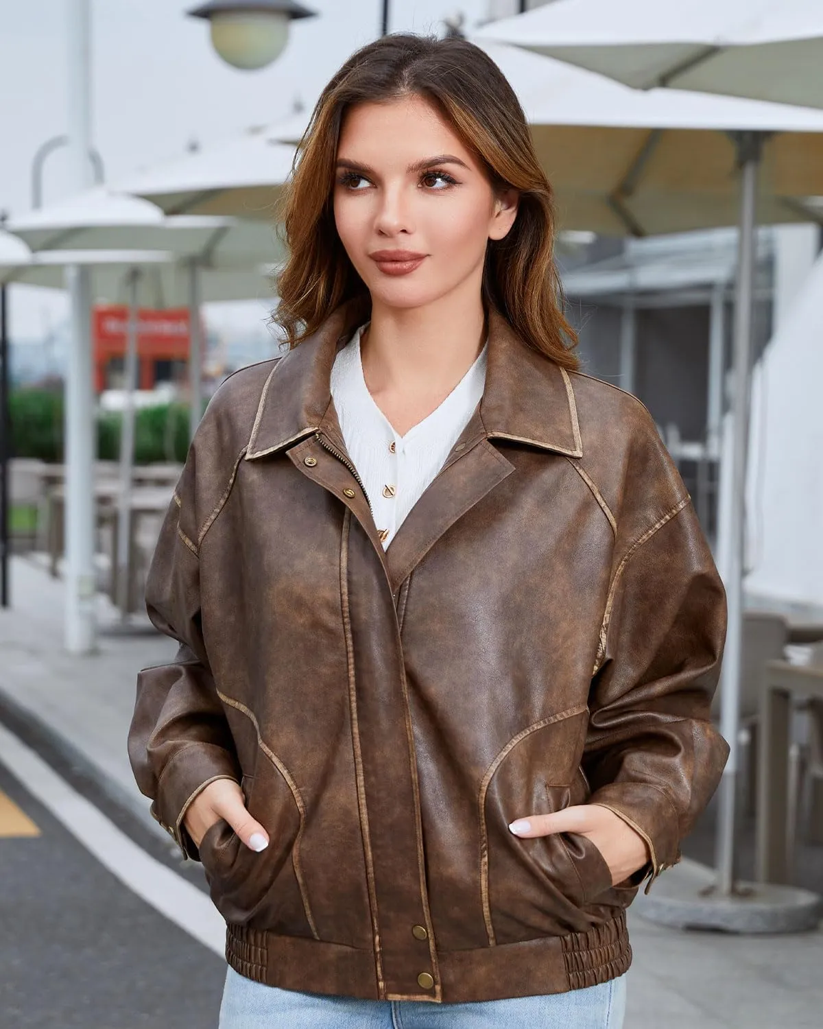 DIASHINY Faux Leather Jacket For Women Moto Biker Zip Up Motorcycle Loose Outwear