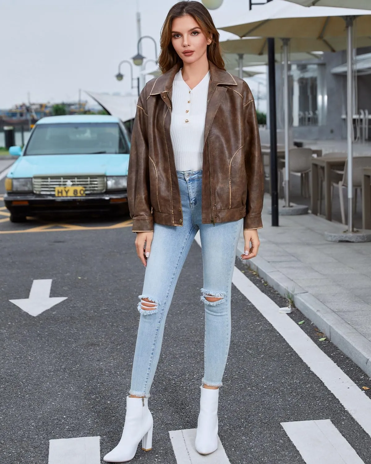 DIASHINY Faux Leather Jacket For Women Moto Biker Zip Up Motorcycle Loose Outwear