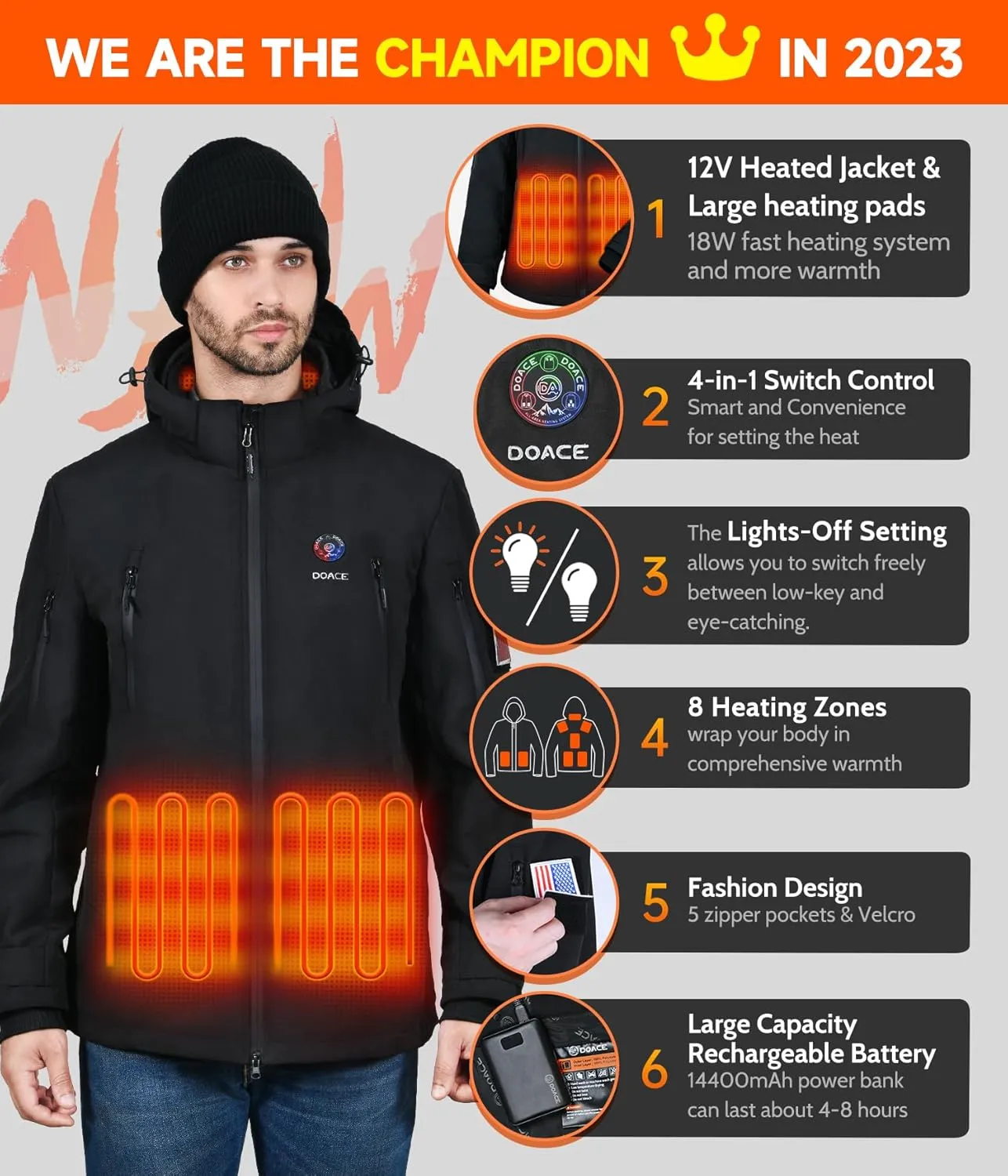 DOACE 12V Soft Shell Heated Jacket for Men and Women with14400mAh Battery Pack, Winter Outdoor Unisex Electric Heating Hoodie
