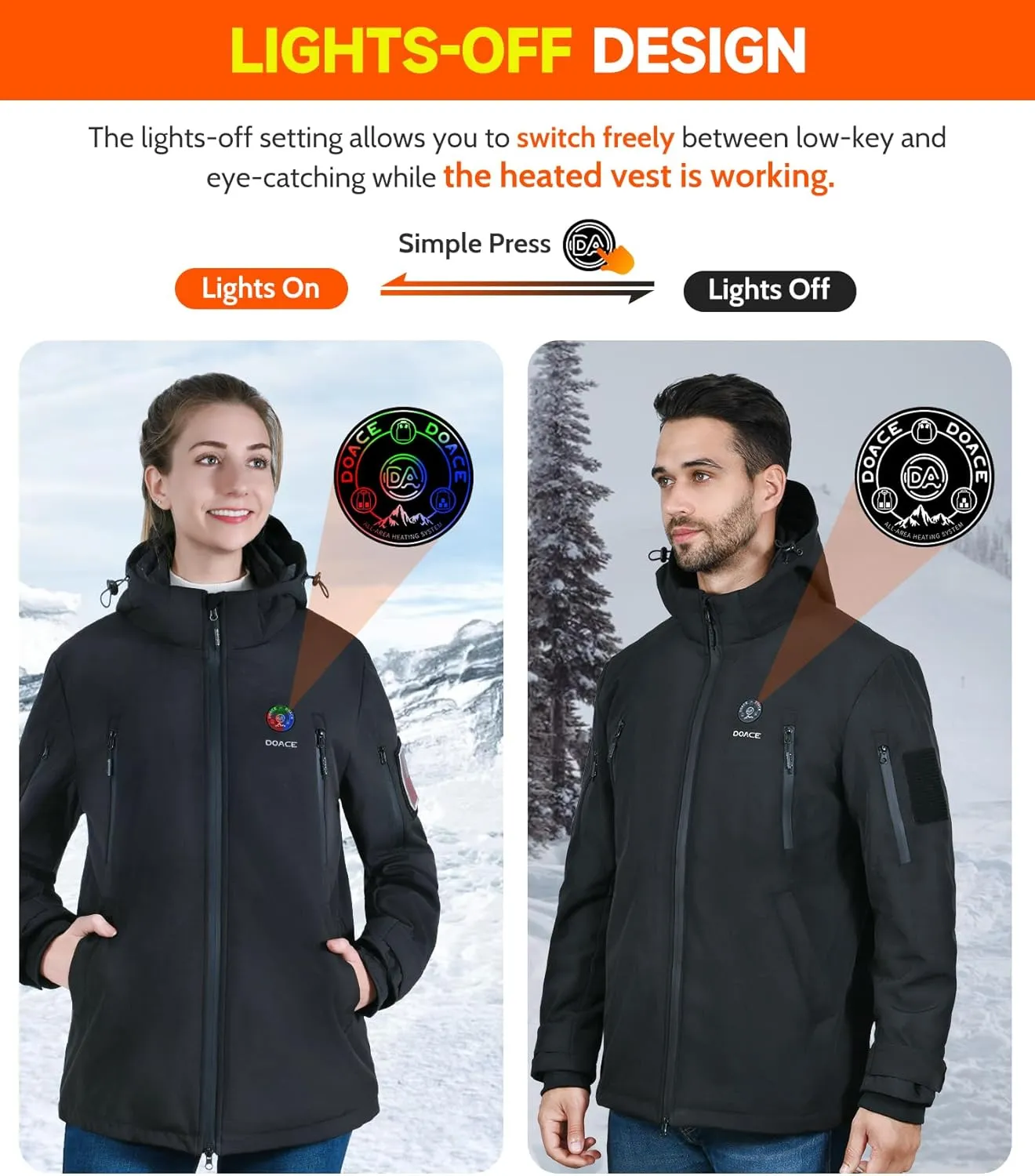 DOACE 12V Soft Shell Heated Jacket for Men and Women with14400mAh Battery Pack, Winter Outdoor Unisex Electric Heating Hoodie