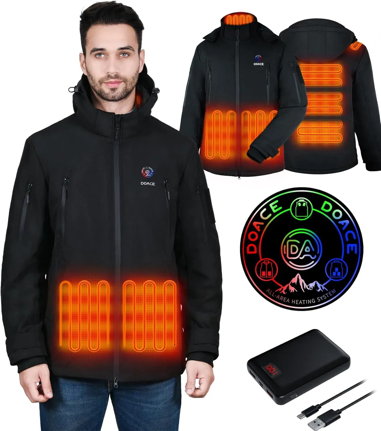 DOACE 12V Soft Shell Heated Jacket for Men and Women with14400mAh Battery Pack, Winter Outdoor Unisex Electric Heating Hoodie