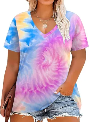 DOLNINE Womens Plus Size Tops Tie Dye Casual V Neck Summer Short Sleeve Loose Fit Shirts XL-5XL