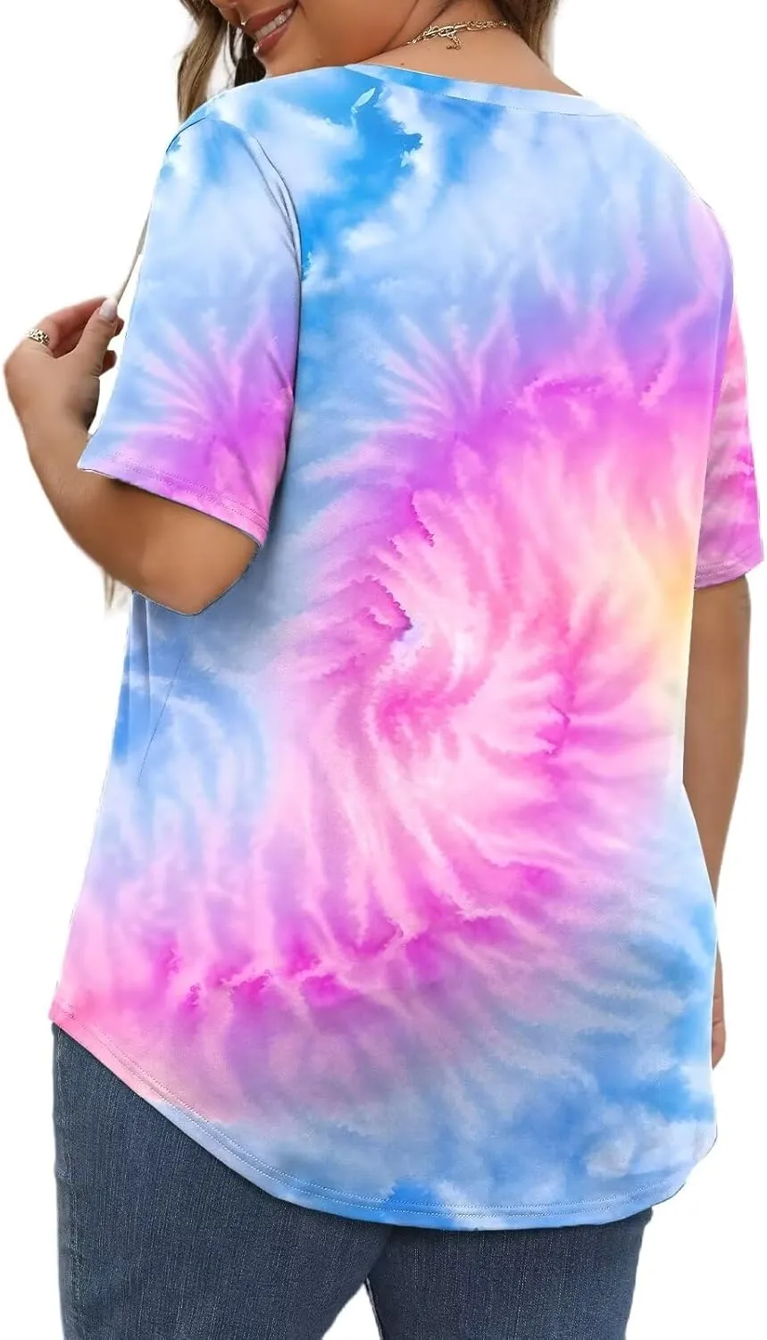 DOLNINE Womens Plus Size Tops Tie Dye Casual V Neck Summer Short Sleeve Loose Fit Shirts XL-5XL