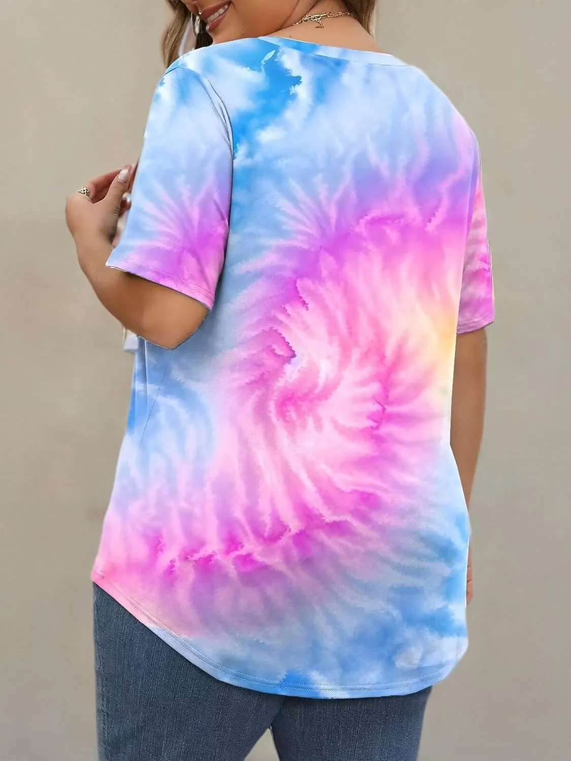 DOLNINE Womens Plus Size Tops Tie Dye Casual V Neck Summer Short Sleeve Loose Fit Shirts XL-5XL