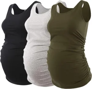 Ecavus 3PCS Womens Layering Maternity Tank Top Pregnancy Shirt Scoop Neck Sleeveless Ruched Vest