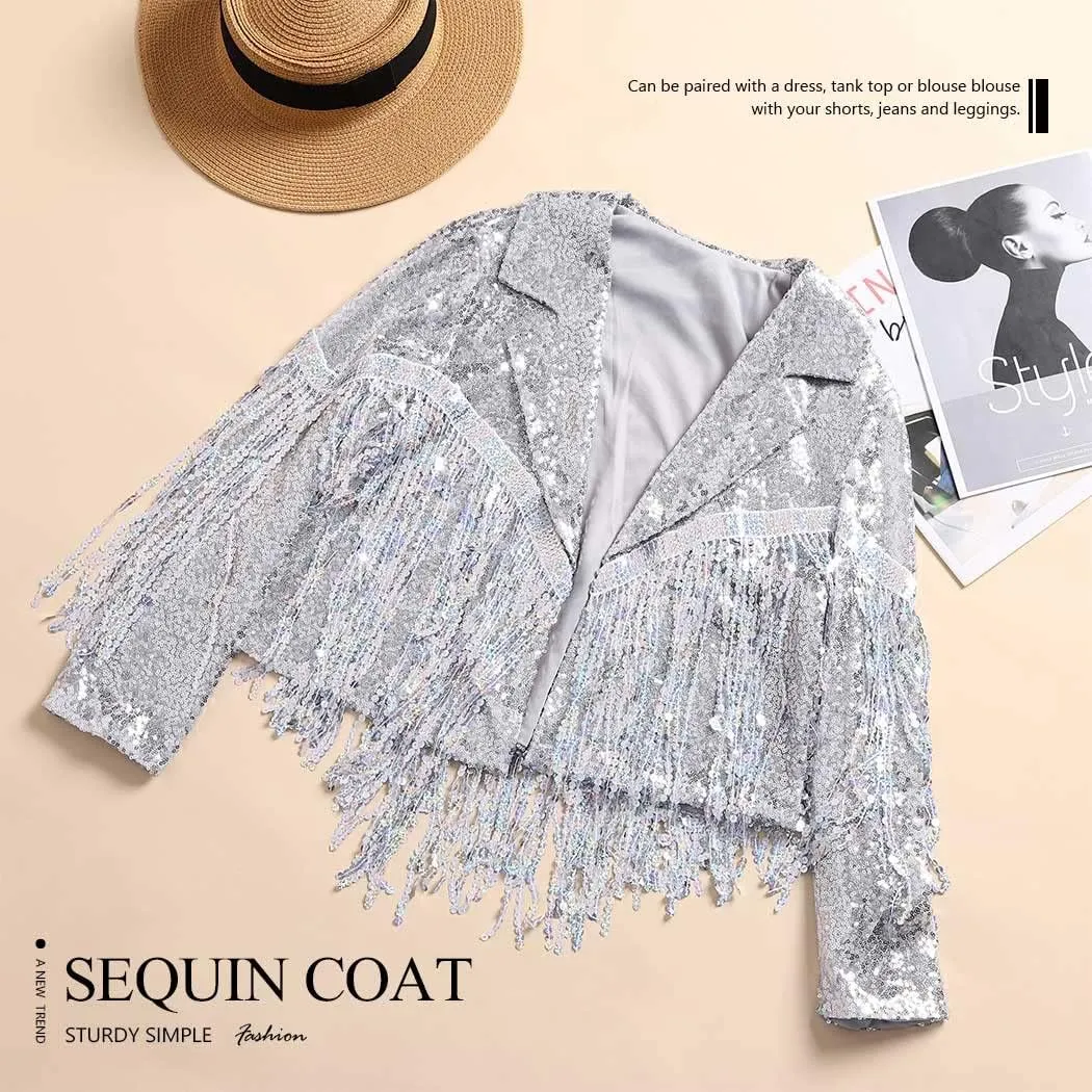 Edary Women's Sequin Jacket Coat Sparkly Long Sleeve Tassel Blazer Fringe Party Club New Years Eve Sequin Jackets