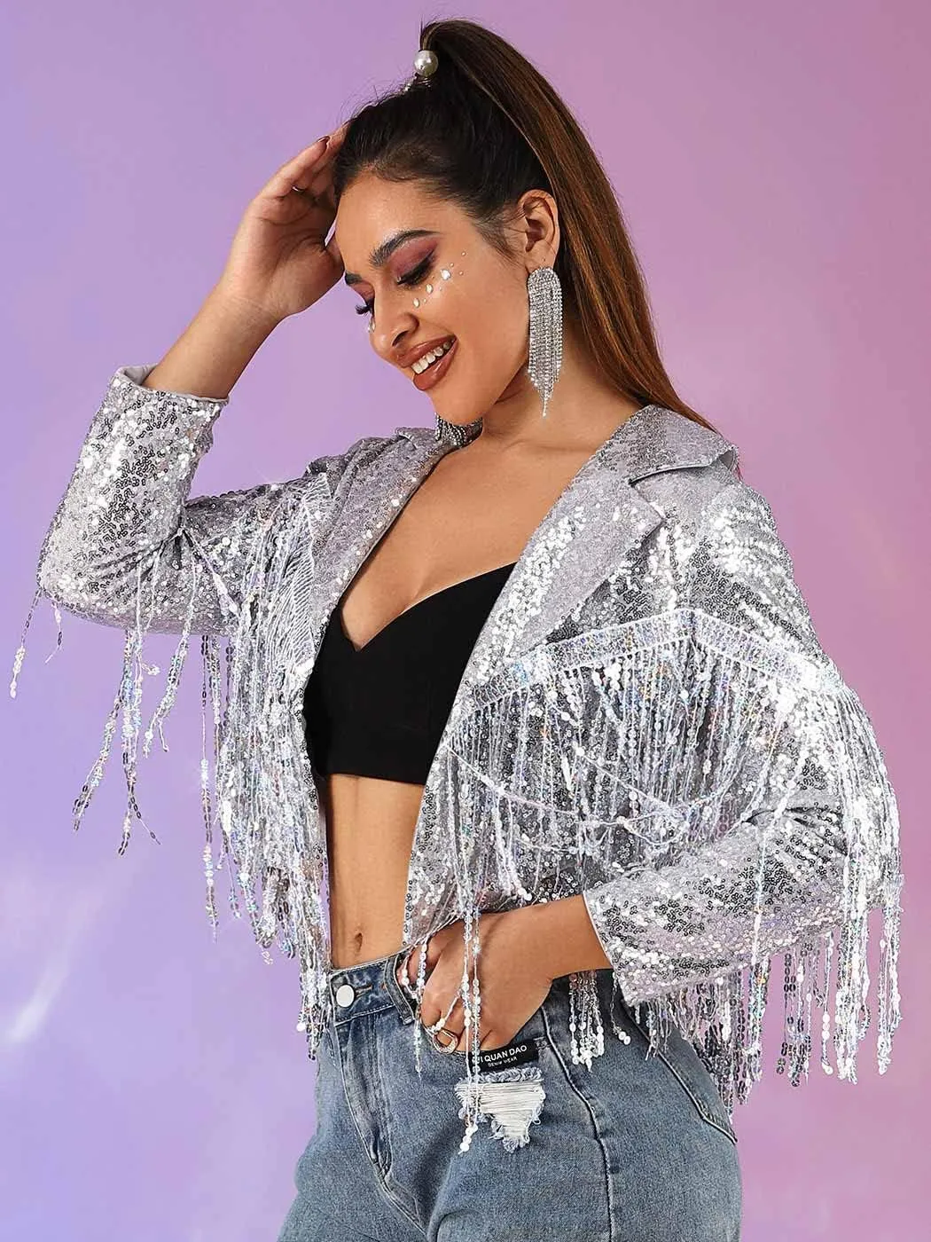 Edary Women's Sequin Jacket Coat Sparkly Long Sleeve Tassel Blazer Fringe Party Club New Years Eve Sequin Jackets