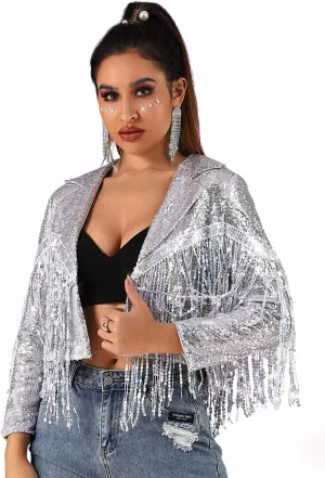 Edary Women's Sequin Jacket Coat Sparkly Long Sleeve Tassel Blazer Fringe Party Club New Years Eve Sequin Jackets