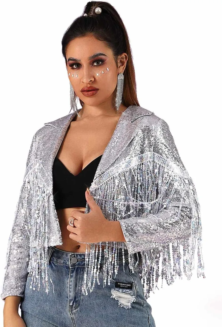 Edary Women's Sequin Jacket Coat Sparkly Long Sleeve Tassel Blazer Fringe Party Club New Years Eve Sequin Jackets