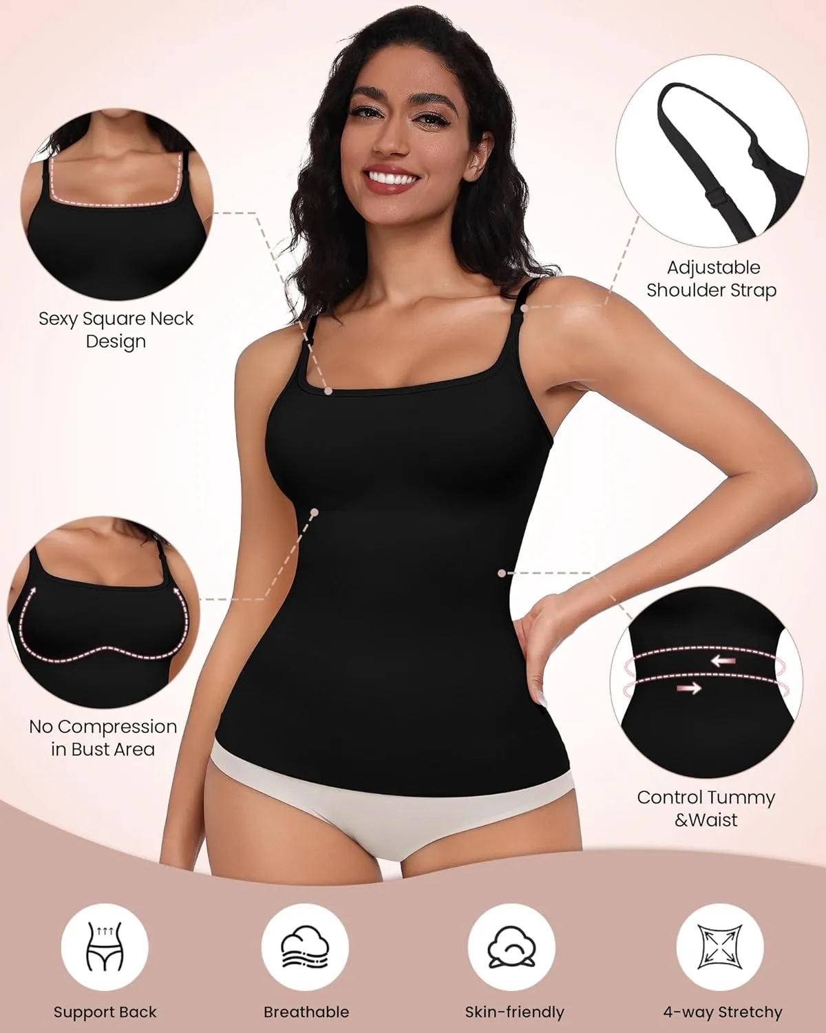 EUYZOU Women Shapewear Tummy Control Camisole Tops - Square Neck Sexy Compression Tank Tops Seamless Body Shaper