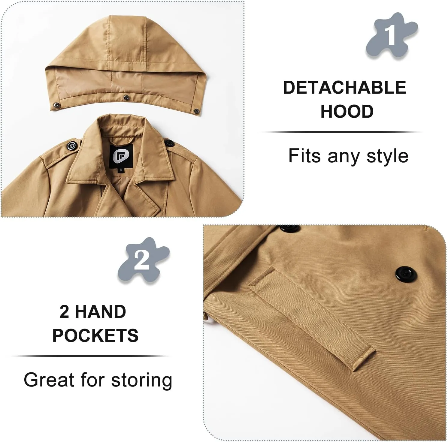 FARVALUE Women's Waterproof Trench Coat Long Double Breasted Windbreaker Classic Belted Lapel Overcoat with Removable Hood