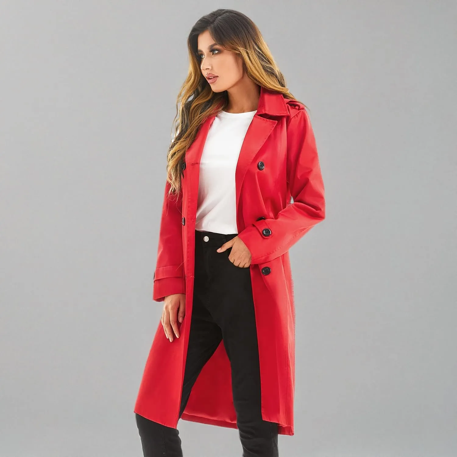 FARVALUE Women's Waterproof Trench Coat Long Double Breasted Windbreaker Classic Belted Lapel Overcoat with Removable Hood