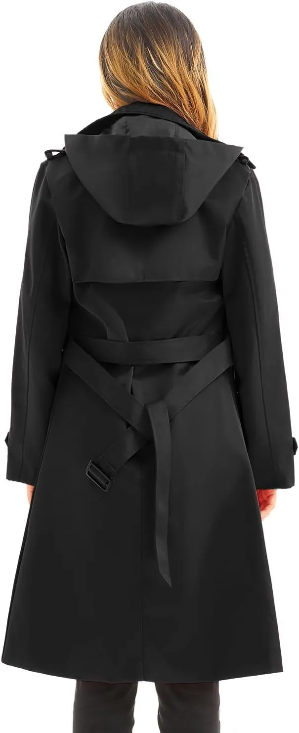 FARVALUE Women's Waterproof Trench Coat Long Double Breasted Windbreaker Classic Belted Lapel Overcoat with Removable Hood