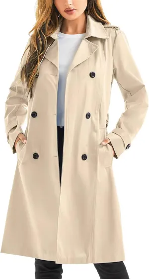 FARVALUE Women's Waterproof Trench Coat Long Double Breasted Windbreaker Classic Belted Lapel Overcoat with Removable Hood
