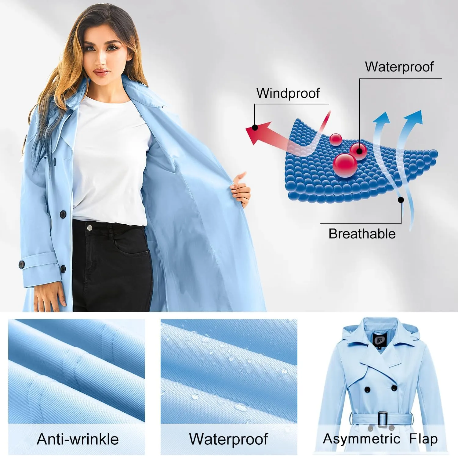FARVALUE Women's Waterproof Trench Coat Long Double Breasted Windbreaker Classic Belted Lapel Overcoat with Removable Hood