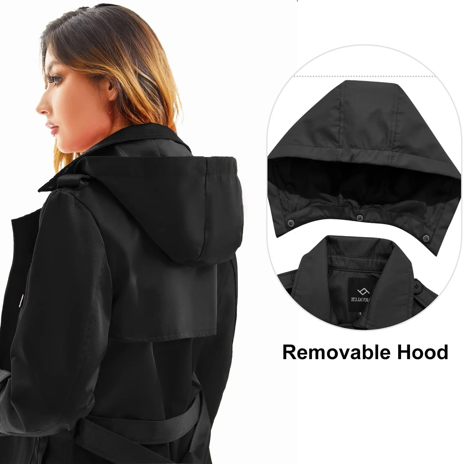 FARVALUE Women's Waterproof Trench Coat Long Double Breasted Windbreaker Classic Belted Lapel Overcoat with Removable Hood