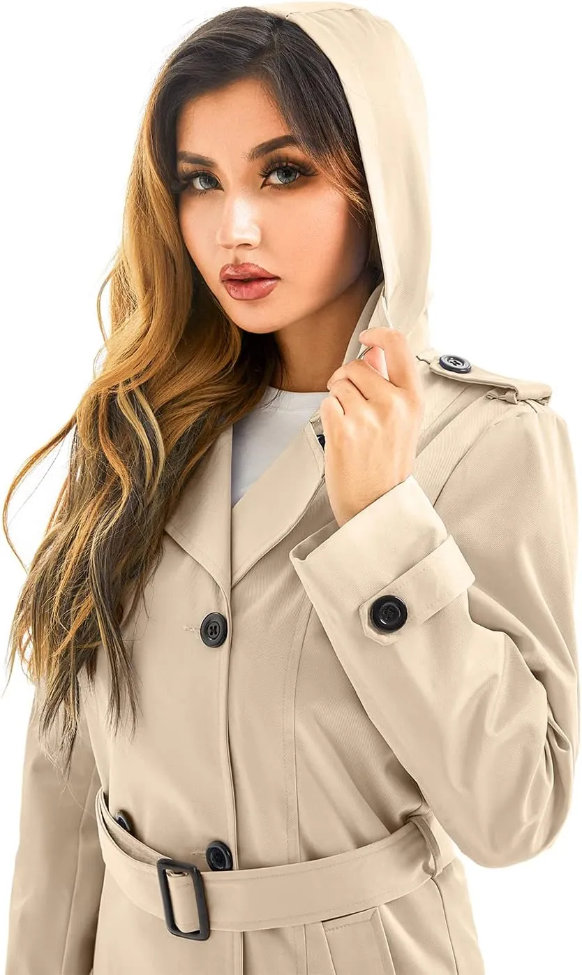 FARVALUE Women's Waterproof Trench Coat Long Double Breasted Windbreaker Classic Belted Lapel Overcoat with Removable Hood