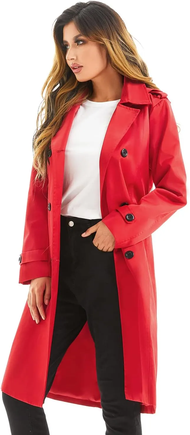 FARVALUE Women's Waterproof Trench Coat Long Double Breasted Windbreaker Classic Belted Lapel Overcoat with Removable Hood