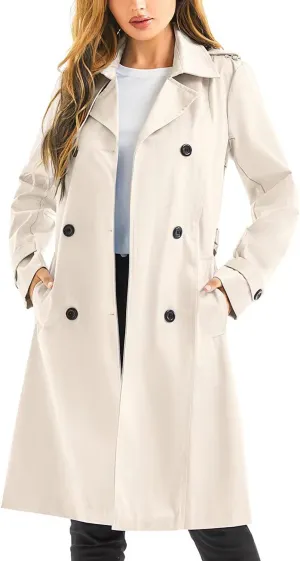 FARVALUE Women's Waterproof Trench Coat Long Double Breasted Windbreaker Classic Belted Lapel Overcoat with Removable Hood