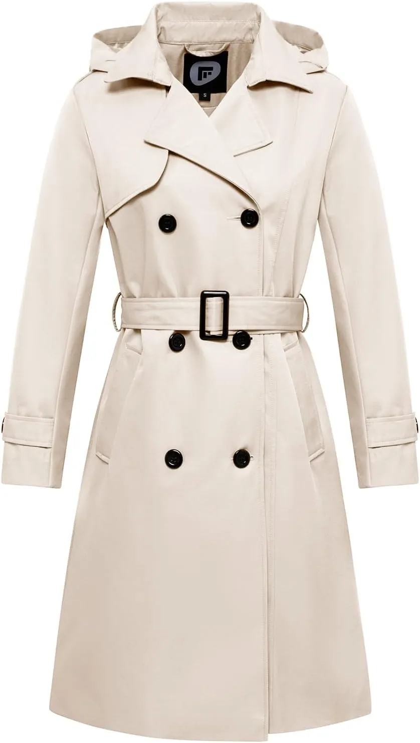 FARVALUE Women's Waterproof Trench Coat Long Double Breasted Windbreaker Classic Belted Lapel Overcoat with Removable Hood