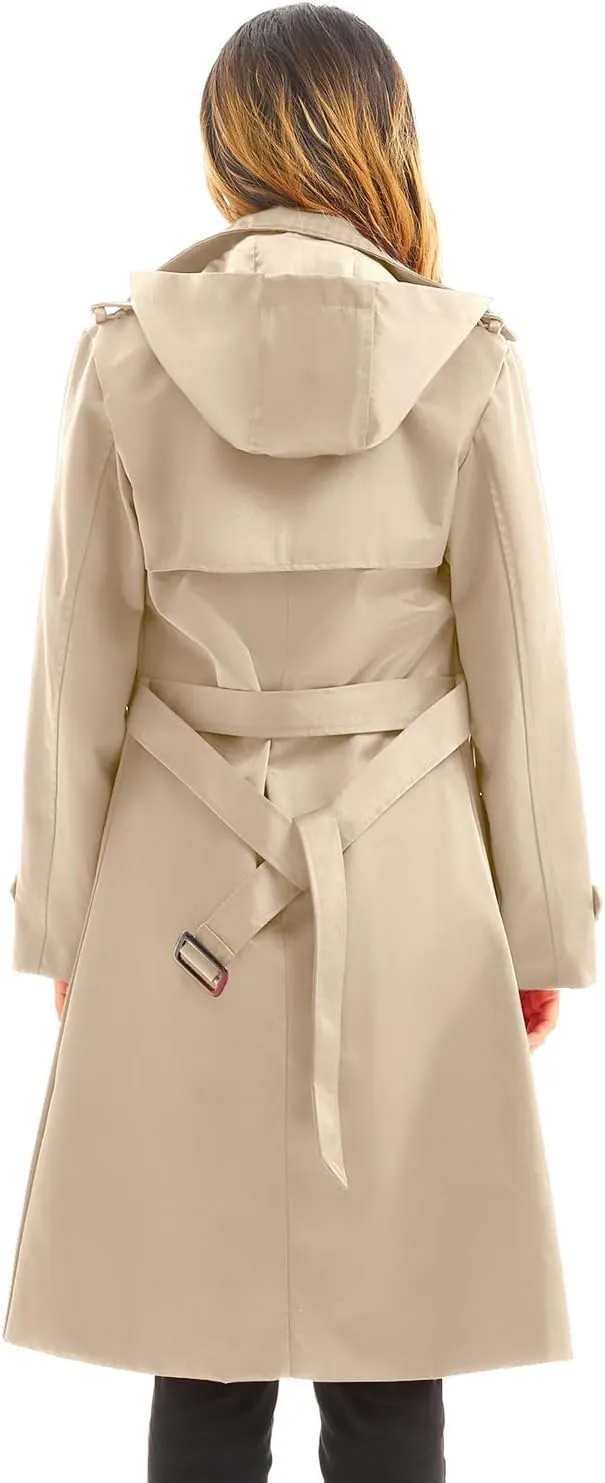 FARVALUE Women's Waterproof Trench Coat Long Double Breasted Windbreaker Classic Belted Lapel Overcoat with Removable Hood