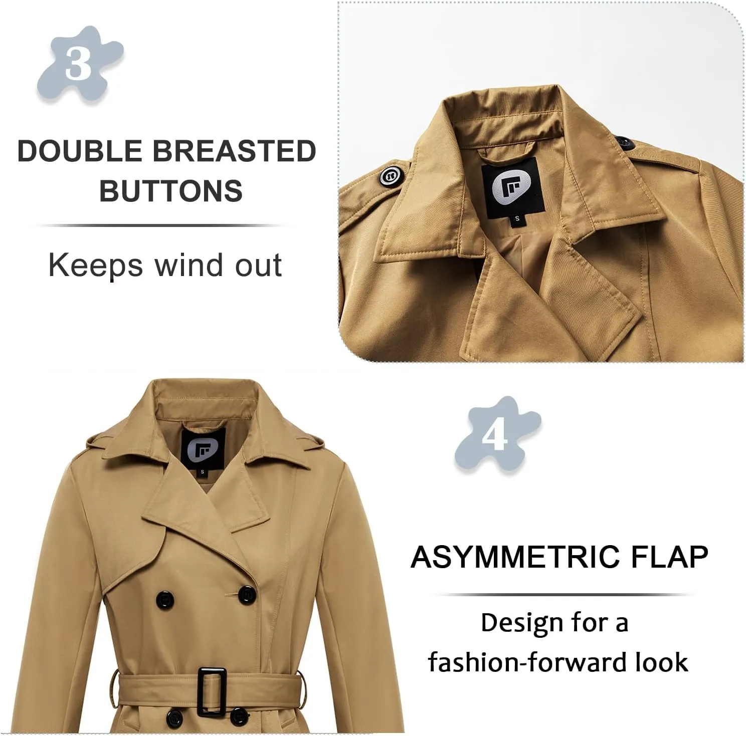 FARVALUE Women's Waterproof Trench Coat Long Double Breasted Windbreaker Classic Belted Lapel Overcoat with Removable Hood