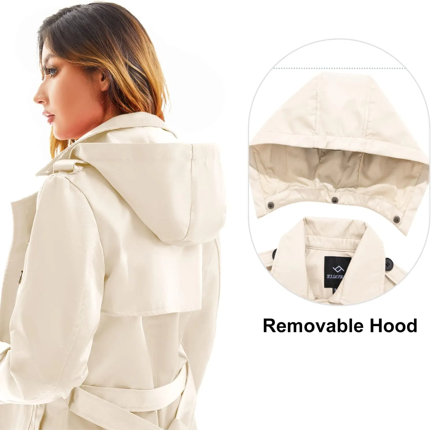 FARVALUE Women's Waterproof Trench Coat Long Double Breasted Windbreaker Classic Belted Lapel Overcoat with Removable Hood