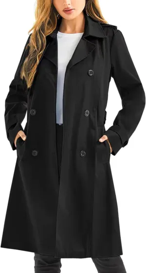 FARVALUE Women's Waterproof Trench Coat Long Double Breasted Windbreaker Classic Belted Lapel Overcoat with Removable Hood