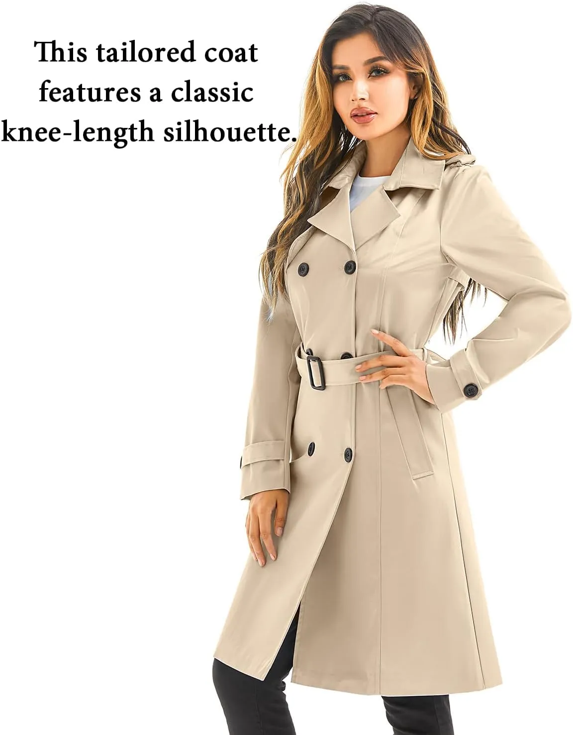 FARVALUE Women's Waterproof Trench Coat Long Double Breasted Windbreaker Classic Belted Lapel Overcoat with Removable Hood