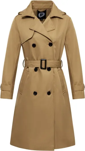 FARVALUE Women's Waterproof Trench Coat Long Double Breasted Windbreaker Classic Belted Lapel Overcoat with Removable Hood