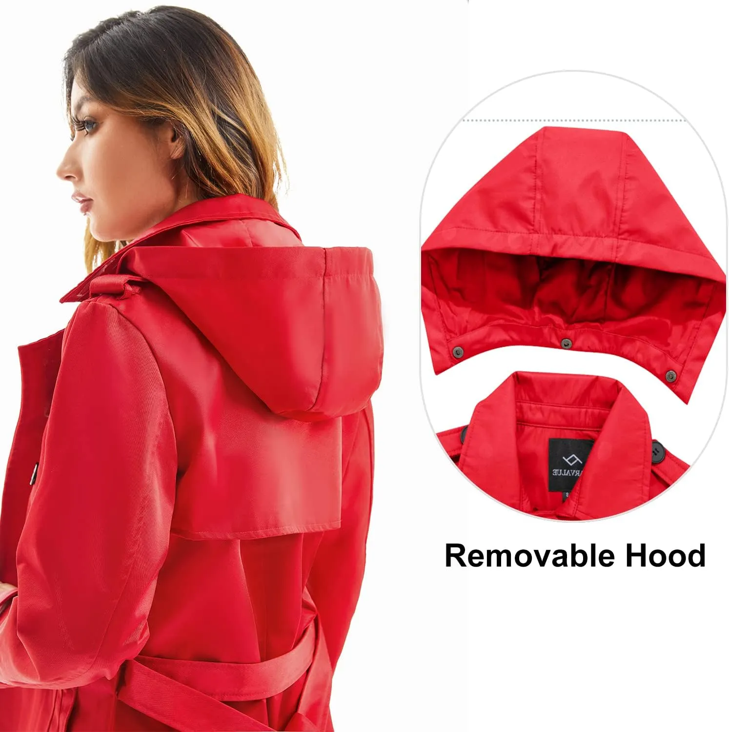FARVALUE Women's Waterproof Trench Coat Long Double Breasted Windbreaker Classic Belted Lapel Overcoat with Removable Hood