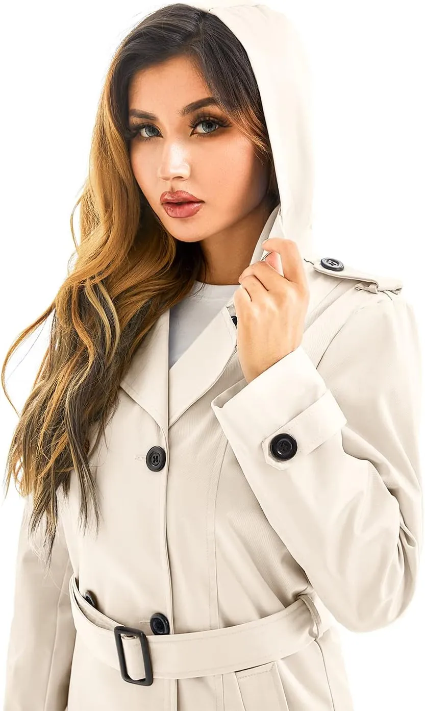 FARVALUE Women's Waterproof Trench Coat Long Double Breasted Windbreaker Classic Belted Lapel Overcoat with Removable Hood