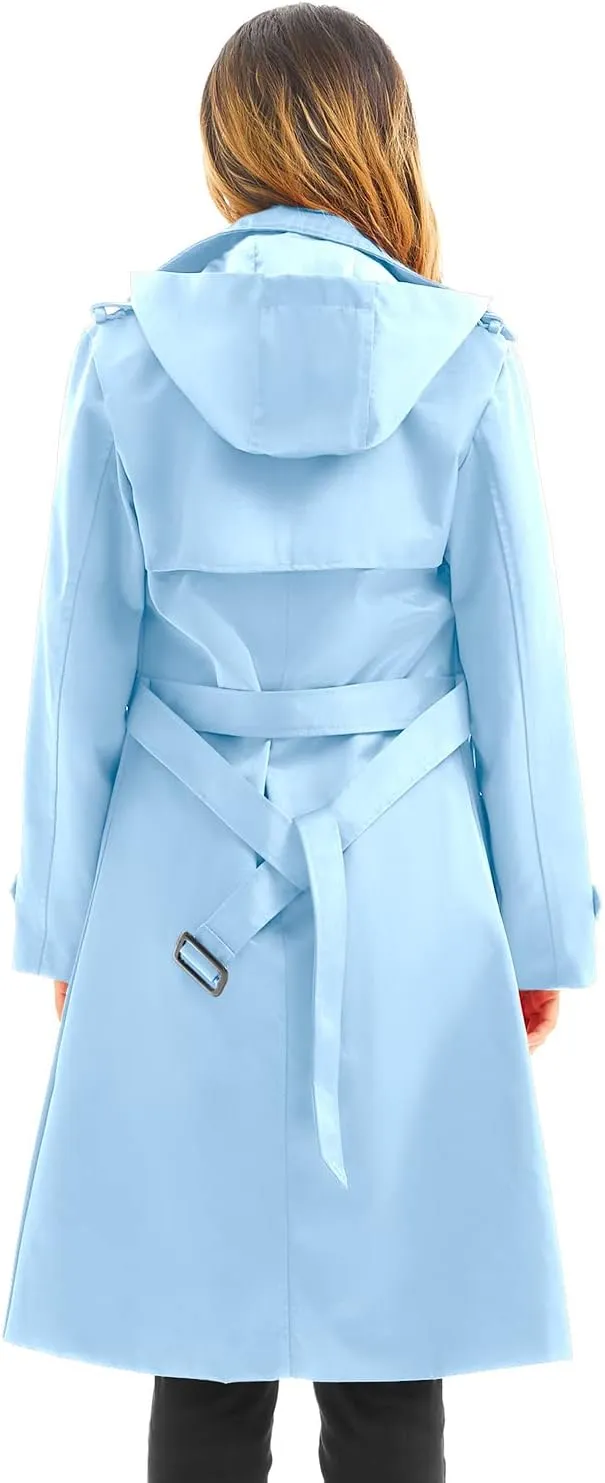 FARVALUE Women's Waterproof Trench Coat Long Double Breasted Windbreaker Classic Belted Lapel Overcoat with Removable Hood