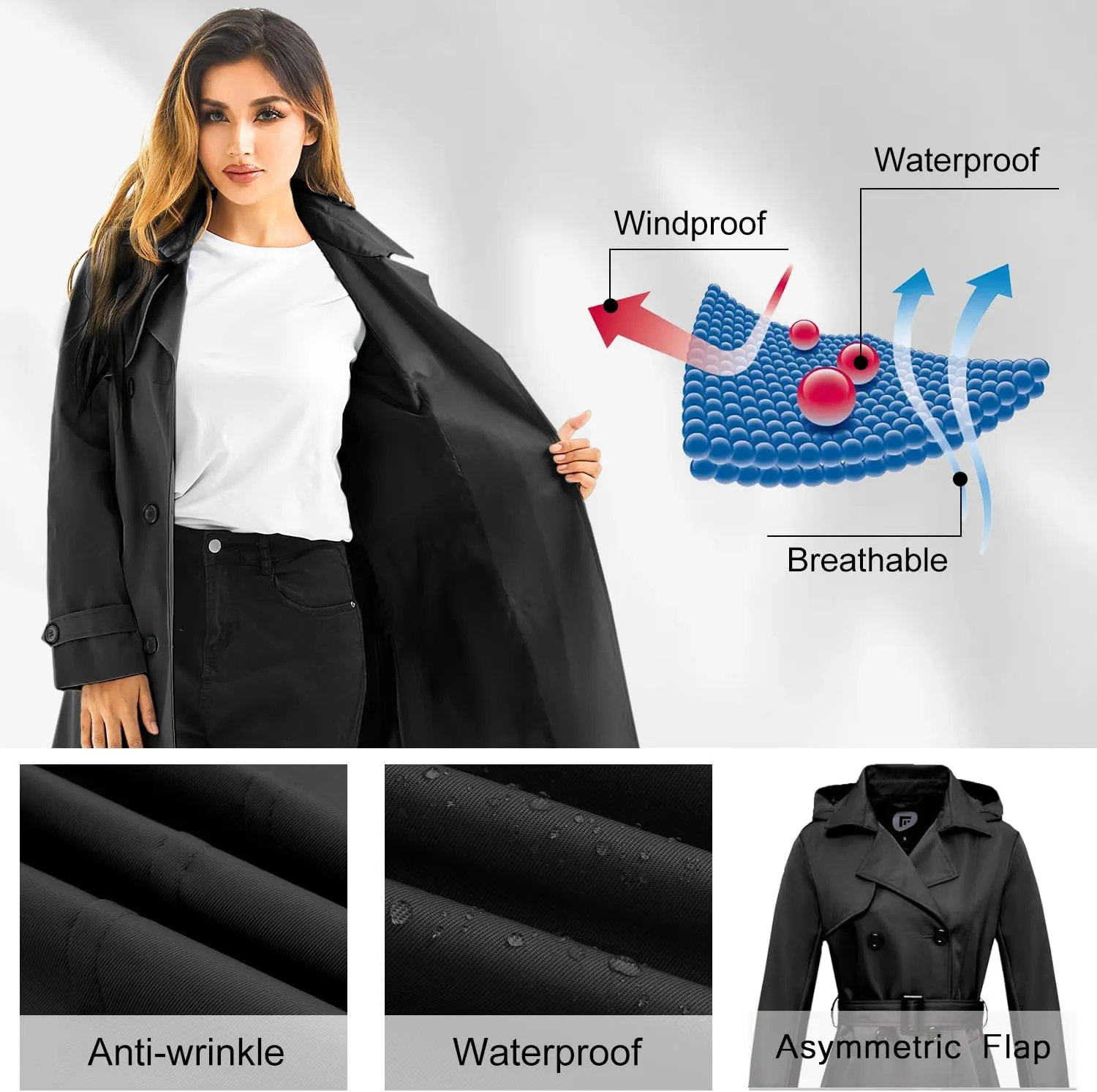 FARVALUE Women's Waterproof Trench Coat Long Double Breasted Windbreaker Classic Belted Lapel Overcoat with Removable Hood