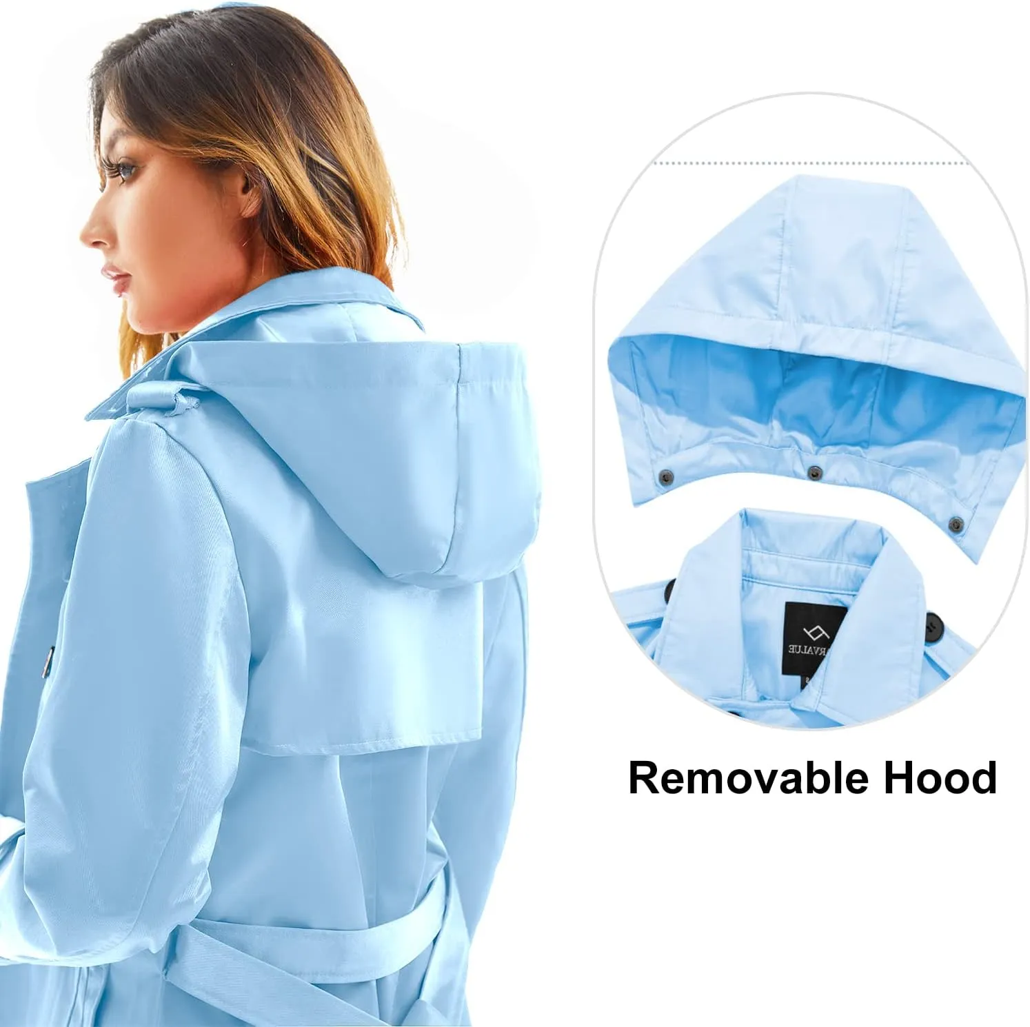 FARVALUE Women's Waterproof Trench Coat Long Double Breasted Windbreaker Classic Belted Lapel Overcoat with Removable Hood
